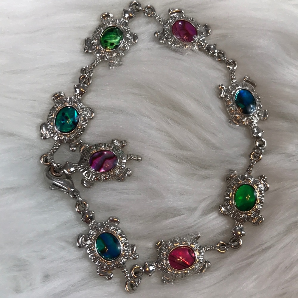 Silver Turtle Bracelet Multi Color Faux Stones